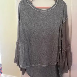 Free People Gray Shirt with Net Bell Sleeves
